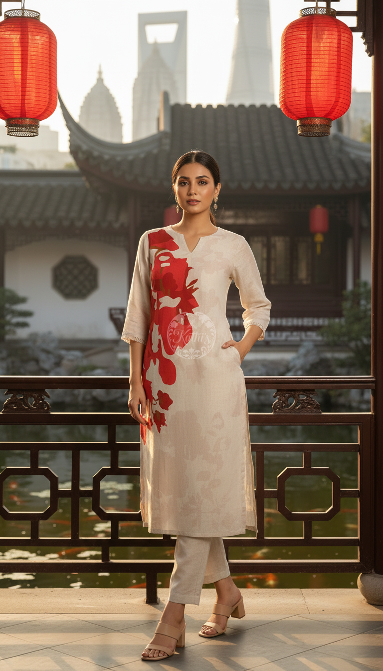 Beige Linen Botanical Print Kurta Set